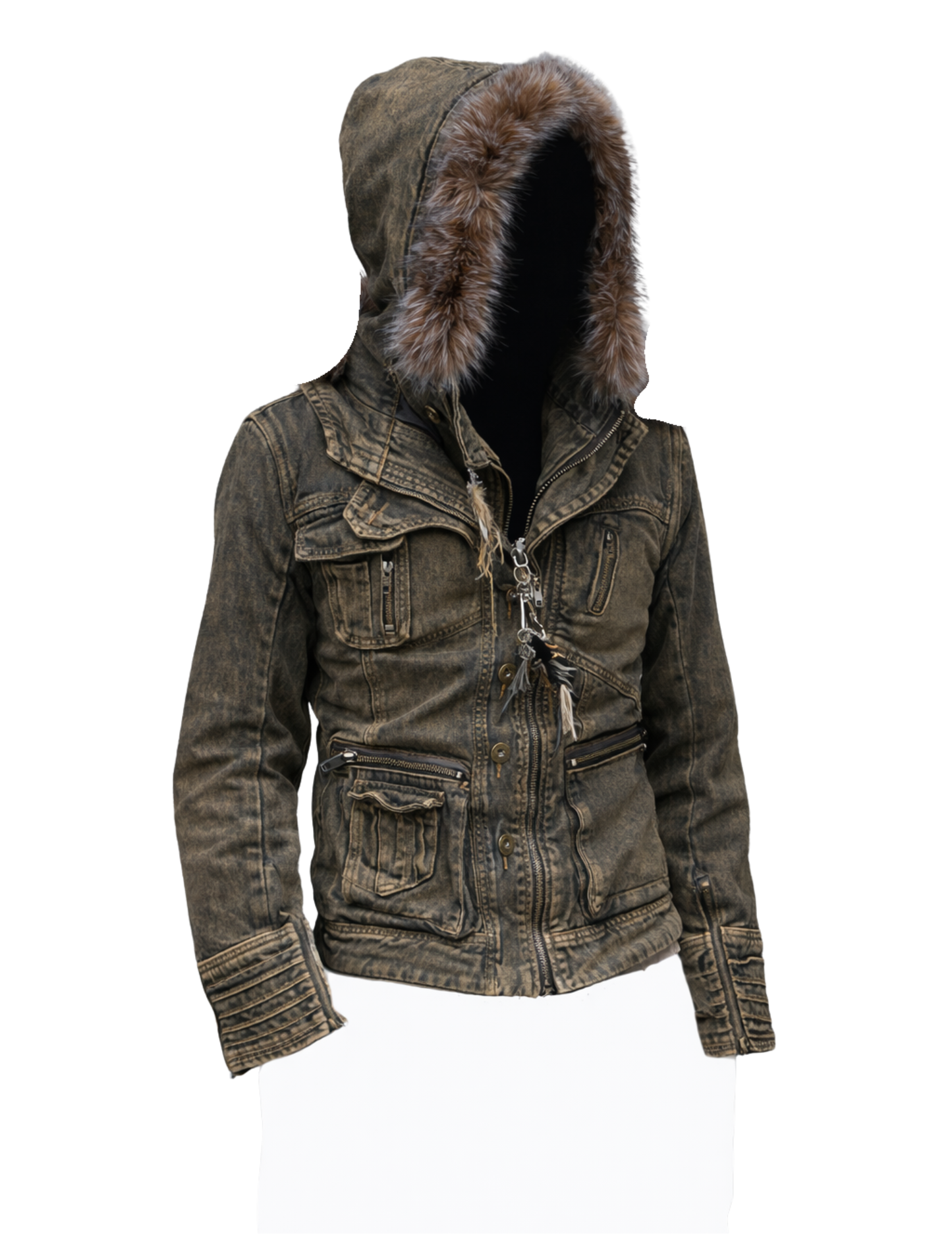 Y2K Fur Collar Hooded Denim Jacket