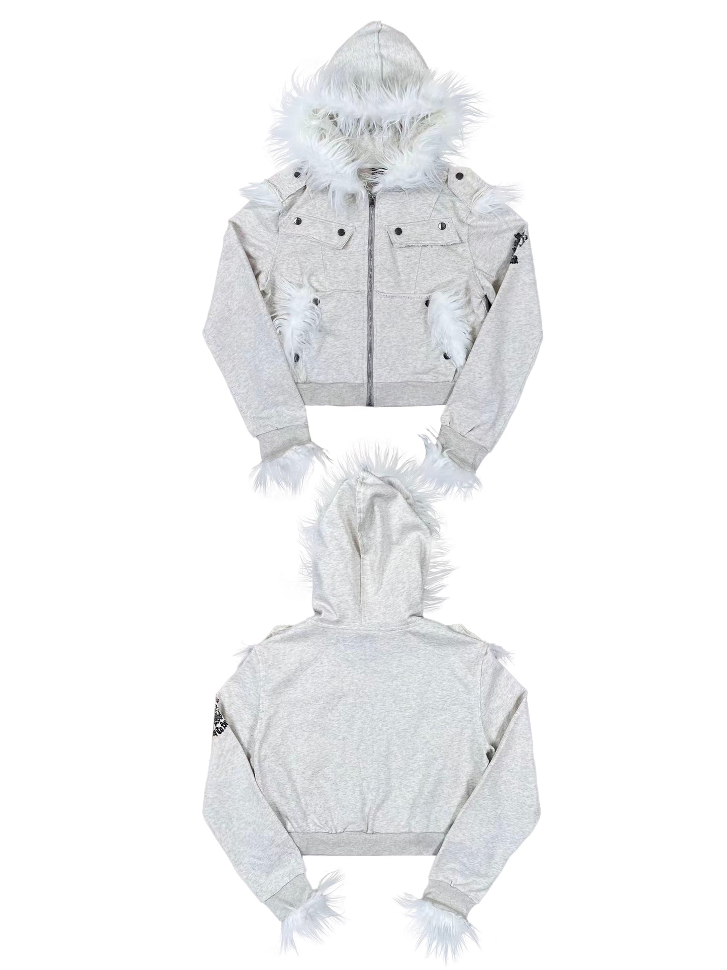 Ffur collar jacket new raw edge patchwork hooded