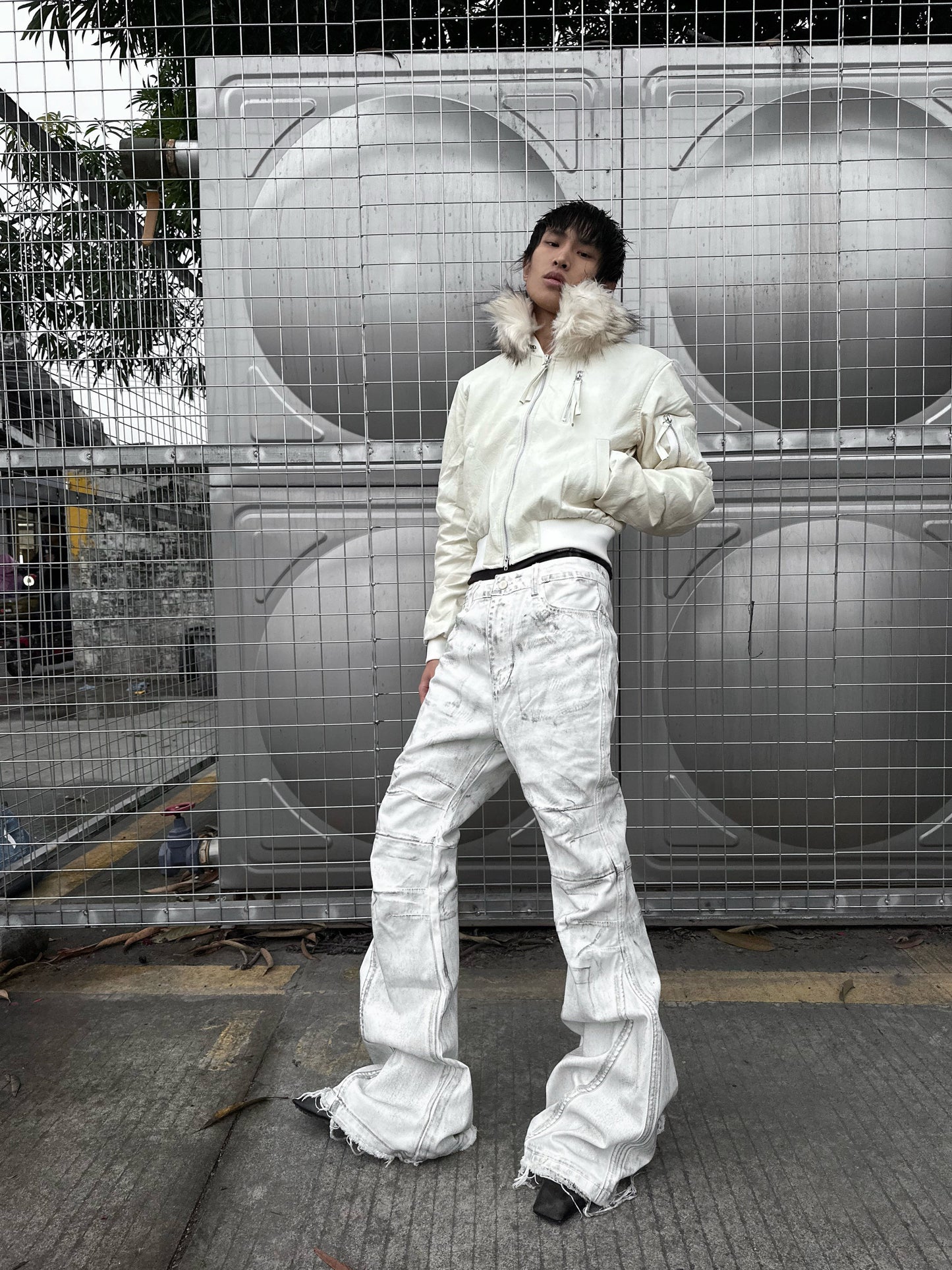 White Waxed Destruction Bootcut Jeans