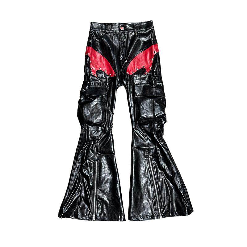 Flare PU Pants Metal Rivet Flame Leather Zipper Pocket