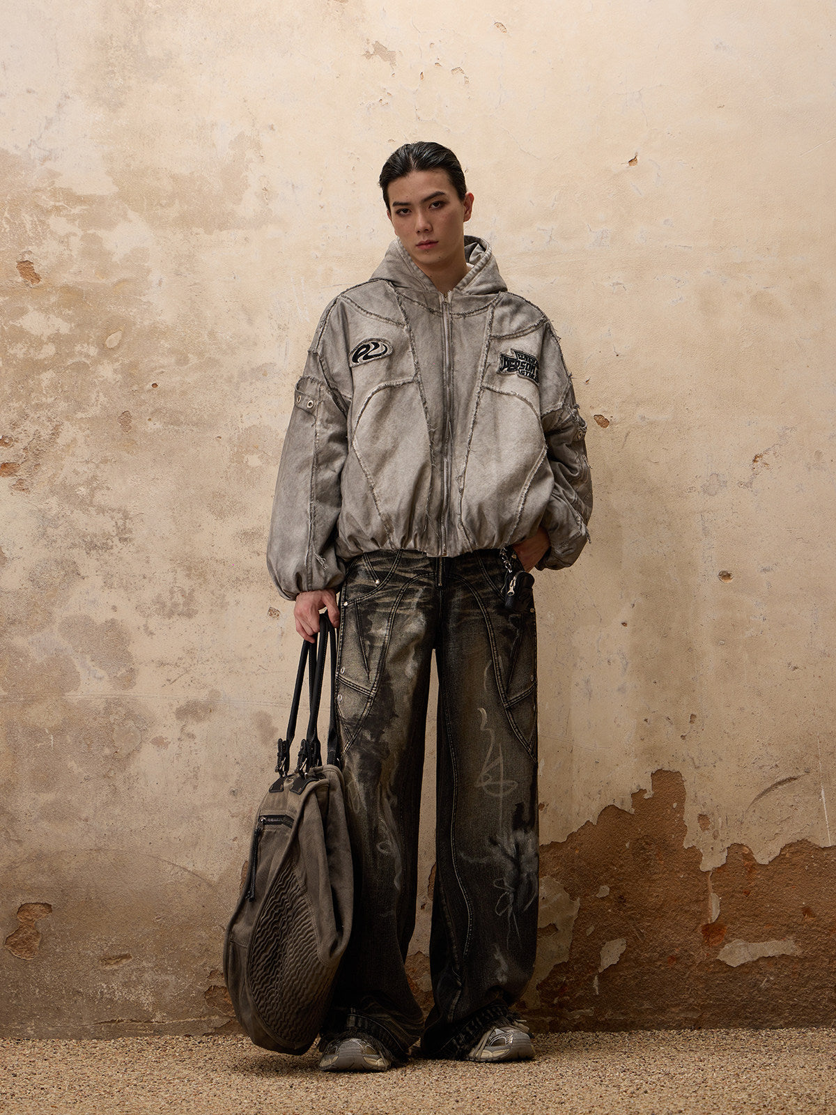 Hand-brushed hooded padded suit in red and white DirtyCoat