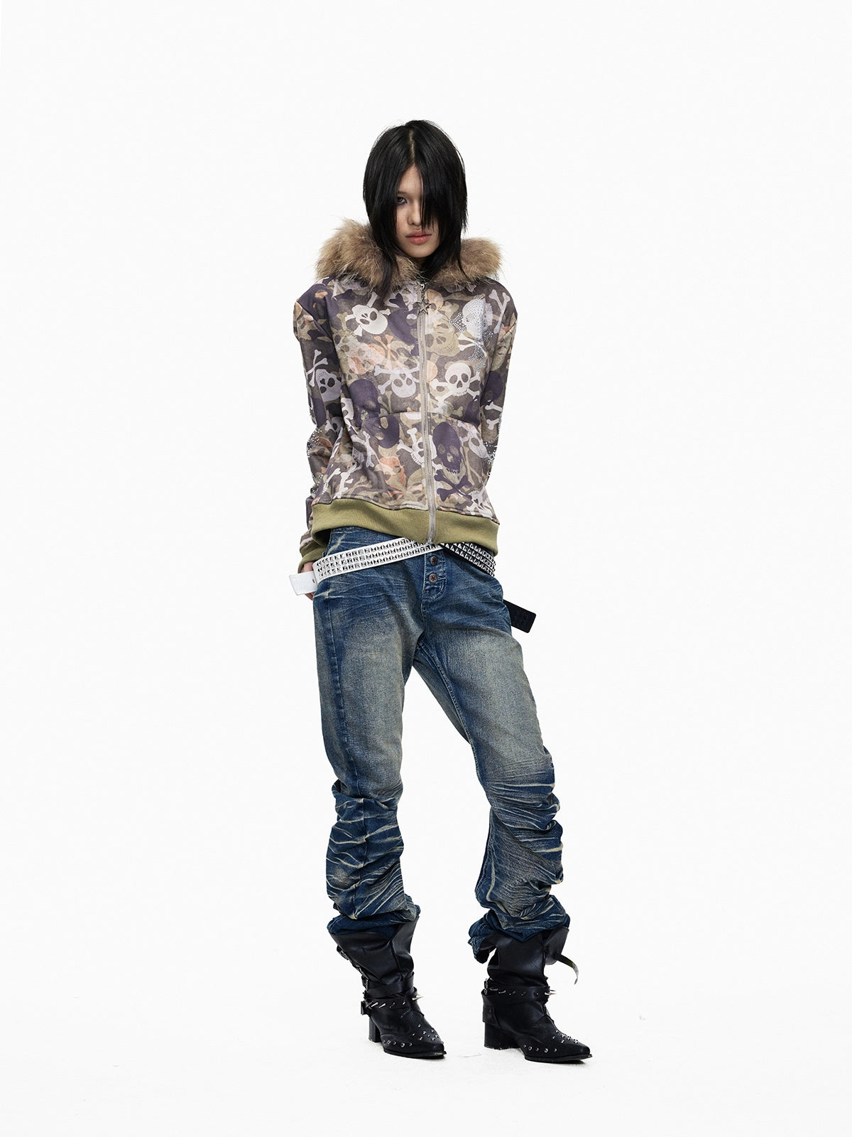 Skull Camo Fur Collar Hoodie Jacket