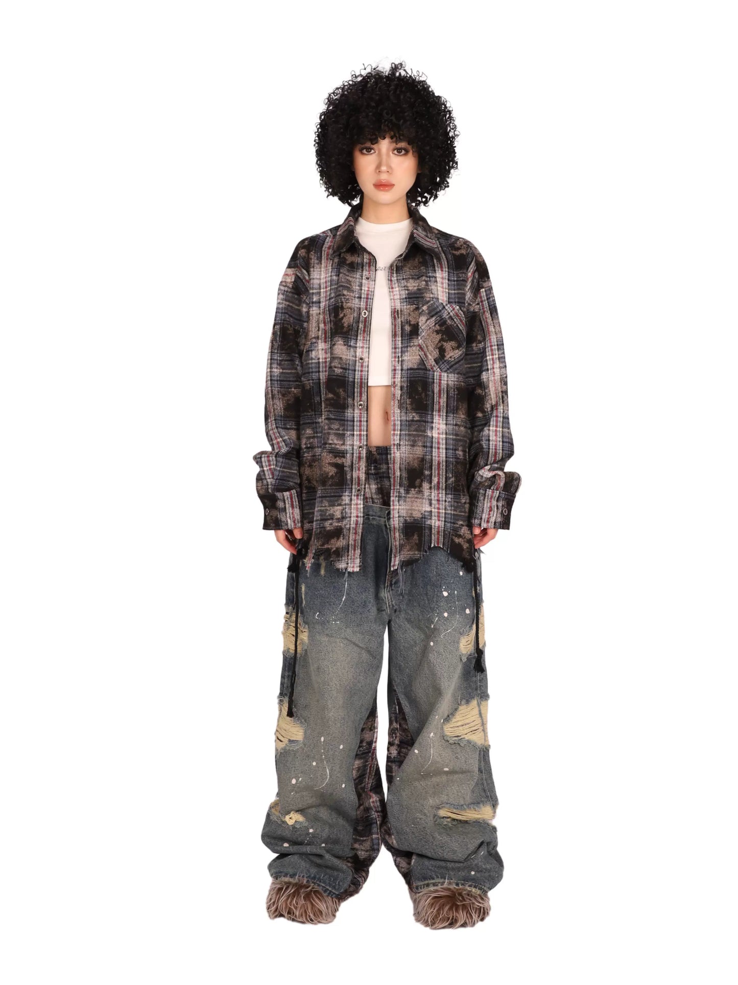 Tartan Panelled Distressed Baggy Jeans