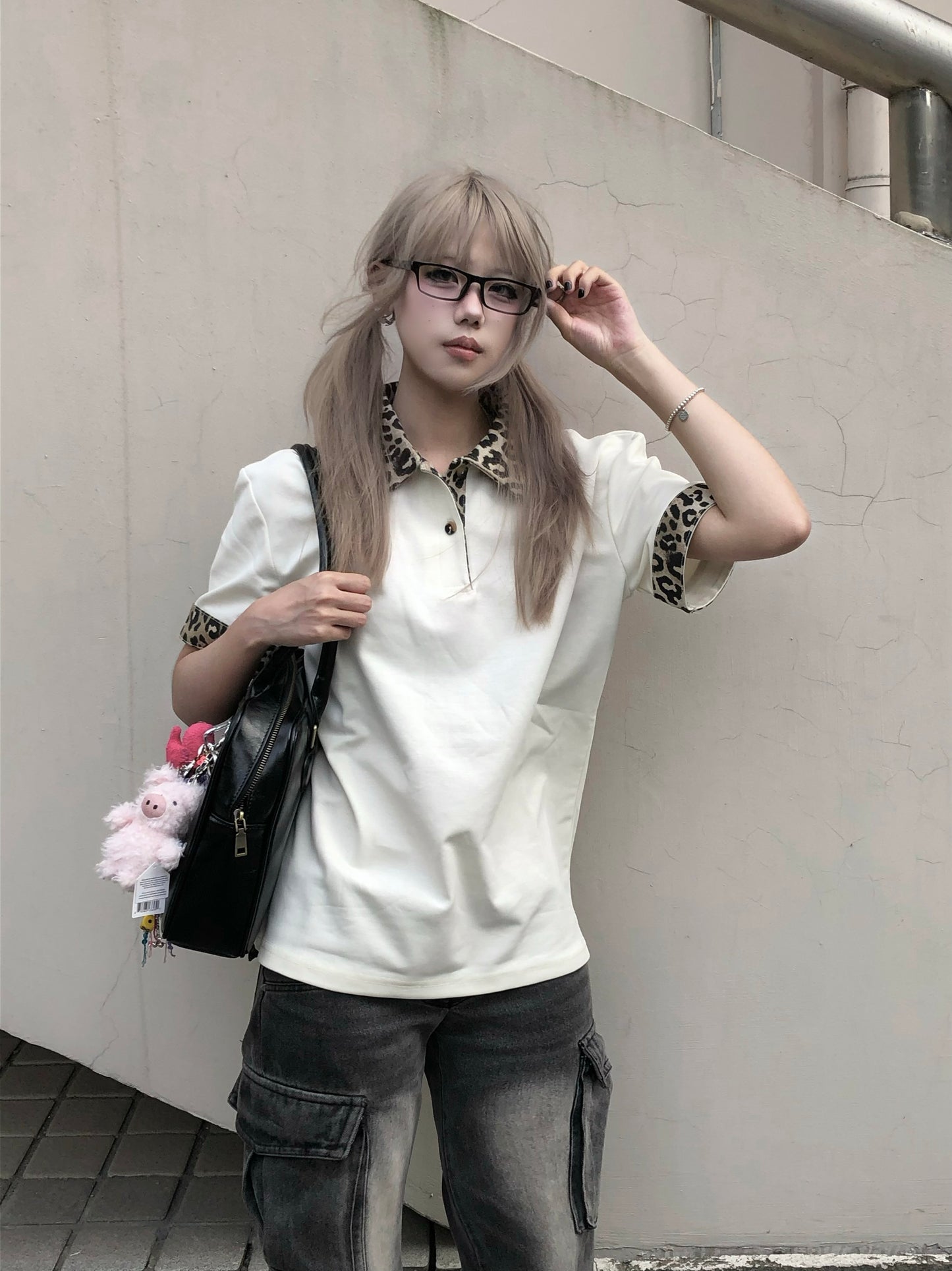 Leopard Splicing Cotton Polo Shirt