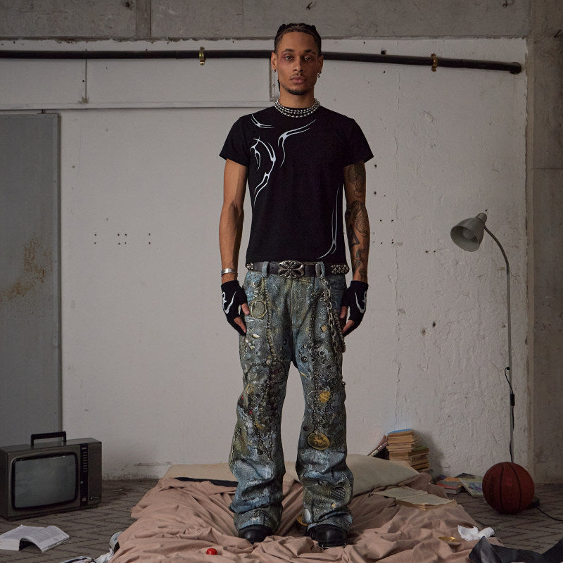 Boro Print Chain-Detail Loose Jeans