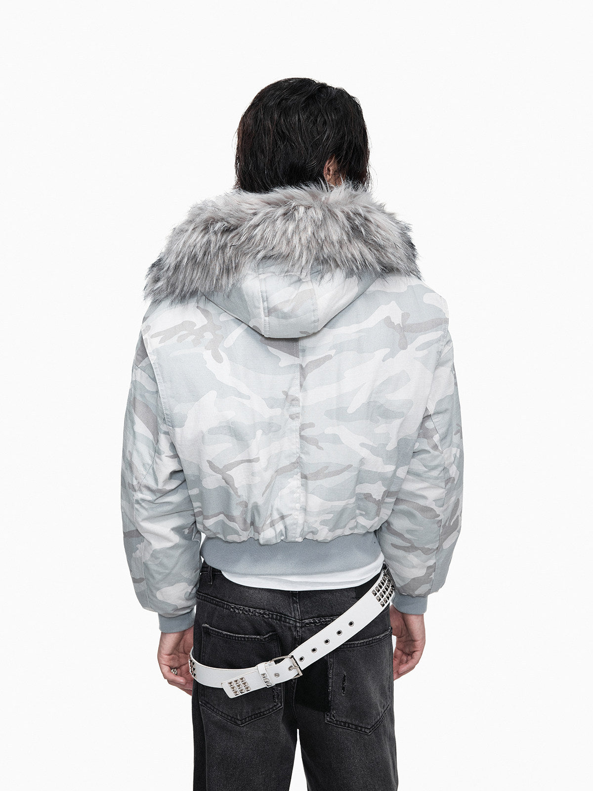 Rabbit fur collar padded jacket distressed faded short