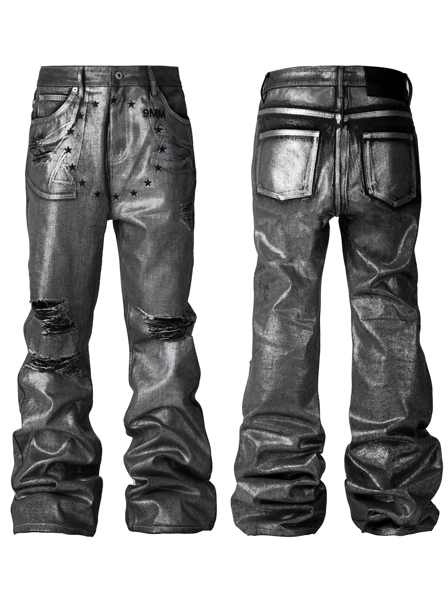 Silver Coated Frayed Bootcut Jeans