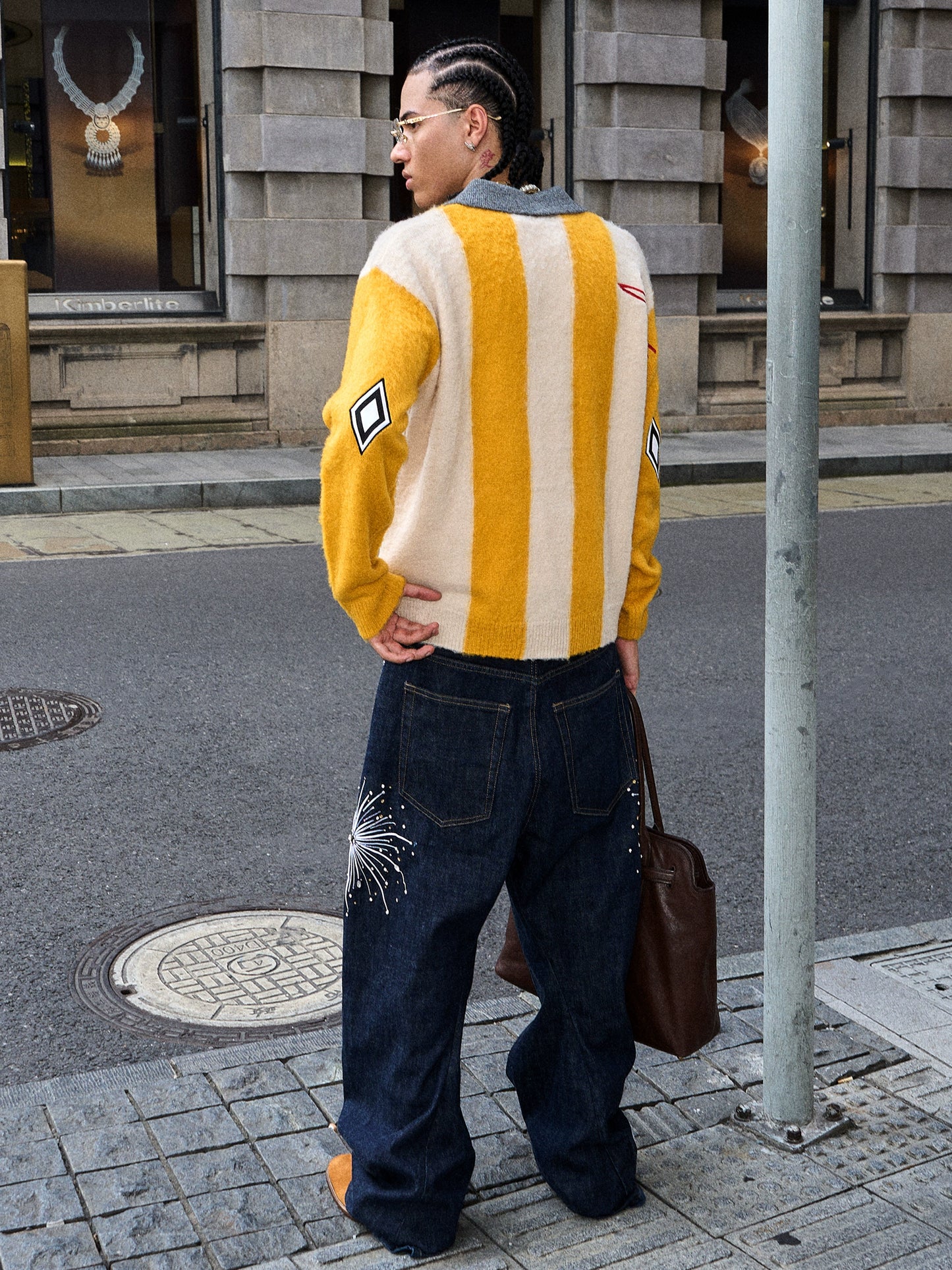 Retro Yellow Jacquard Knit Polo Sweater