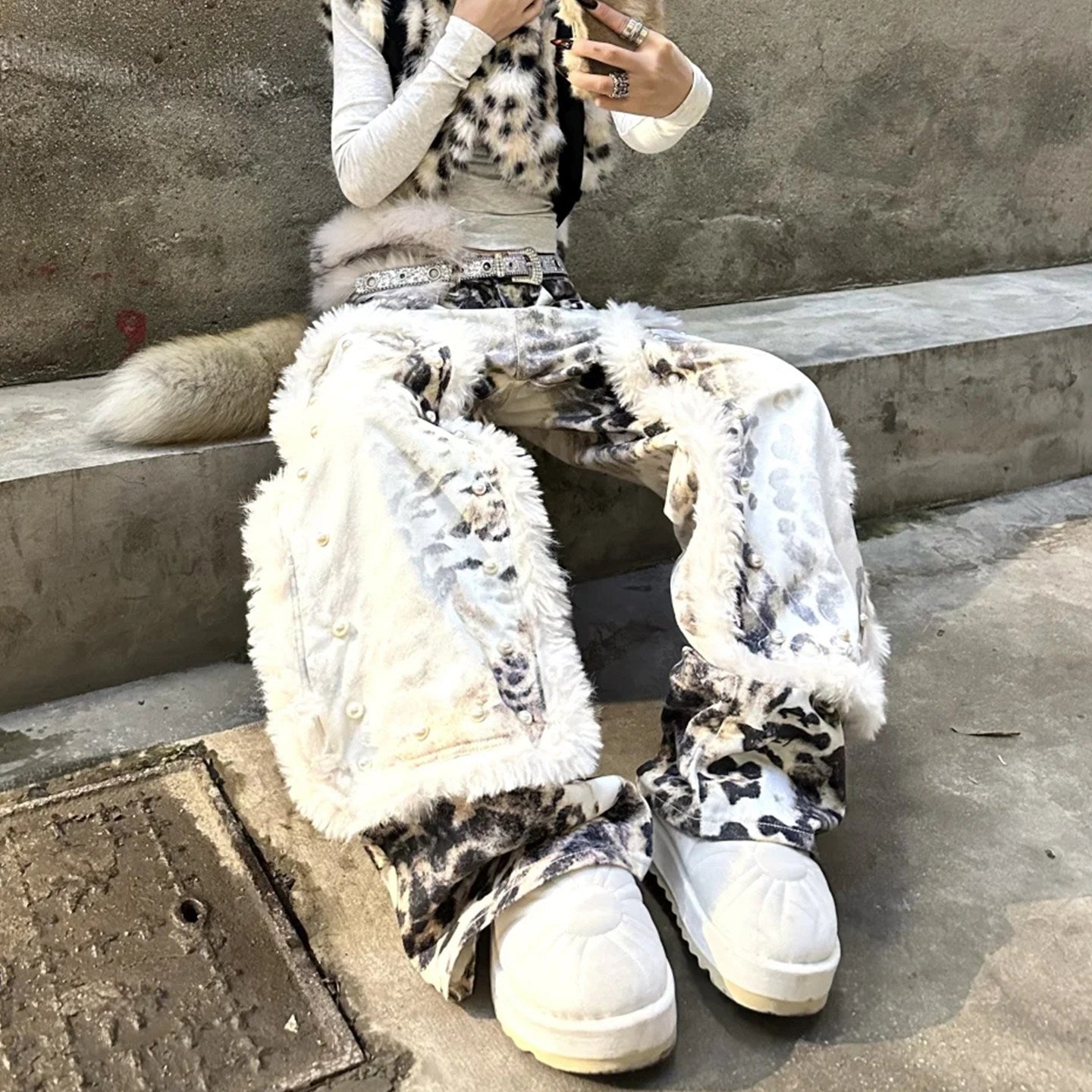 Street leopard print plush patchwork print jeans