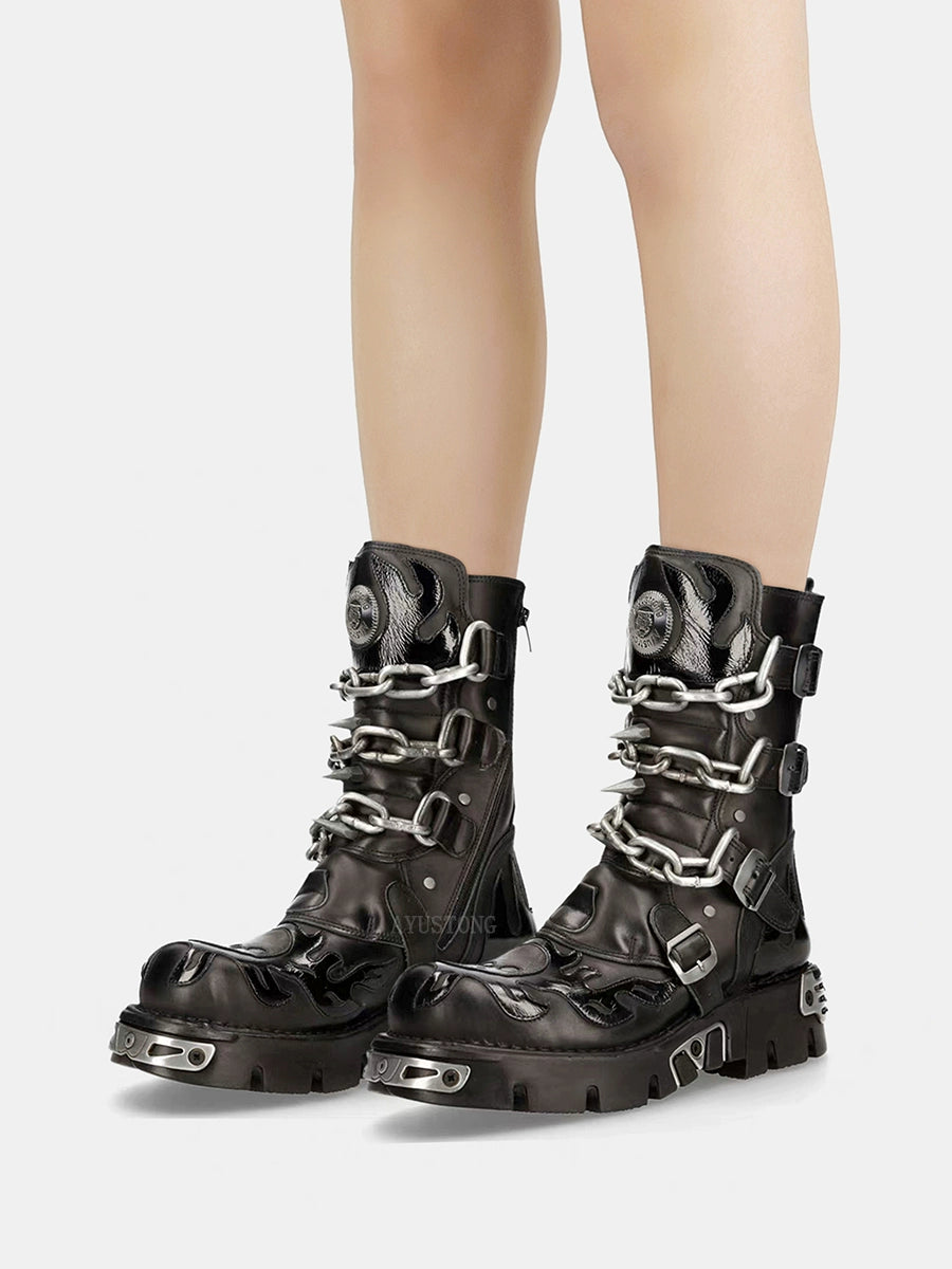 Metal Chain Punk Biker Boots (Black)