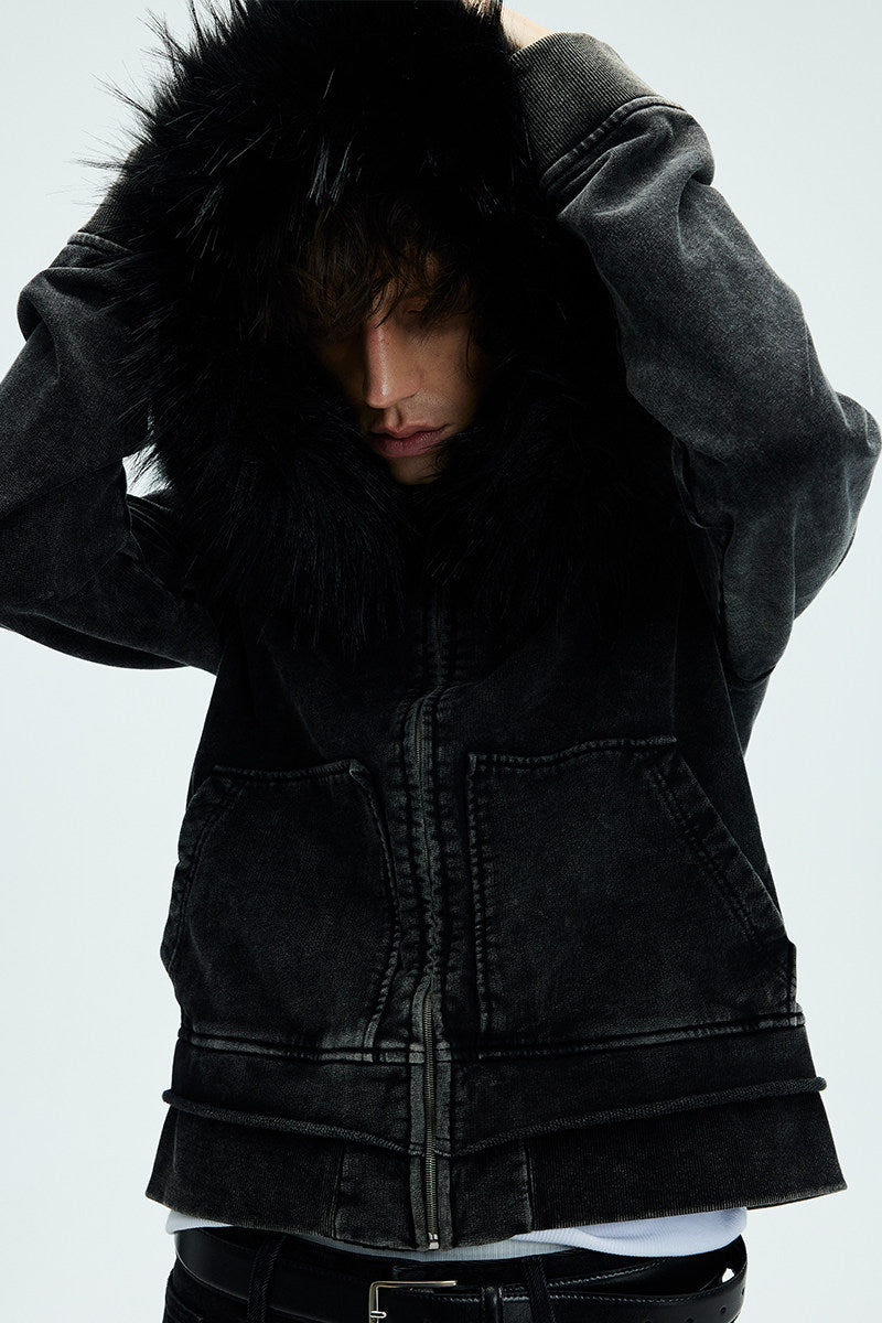 Fur collar slim wash distressed zipper hooded