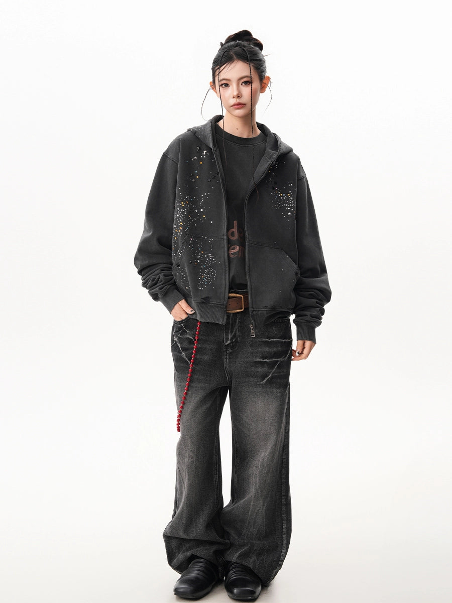Rhinestone Hooded Zip Parker
