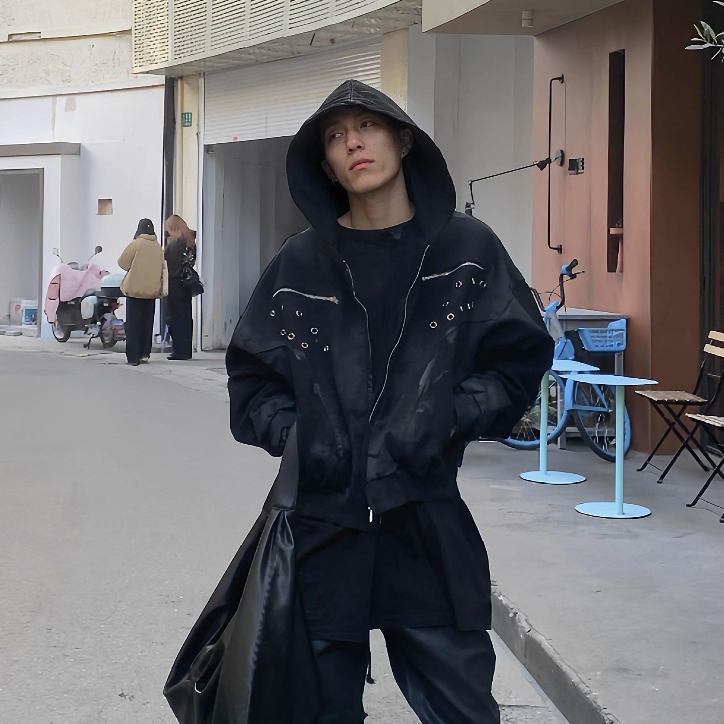 Brushed wax hooded zipper sweatshirt cardigan jacket