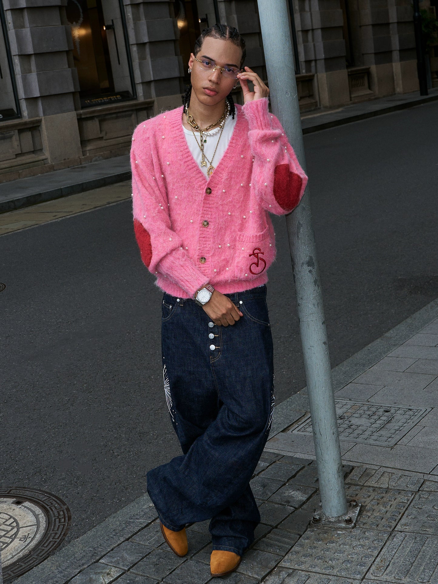 Tricolor Knit Cardigan yellow / brown / pink/