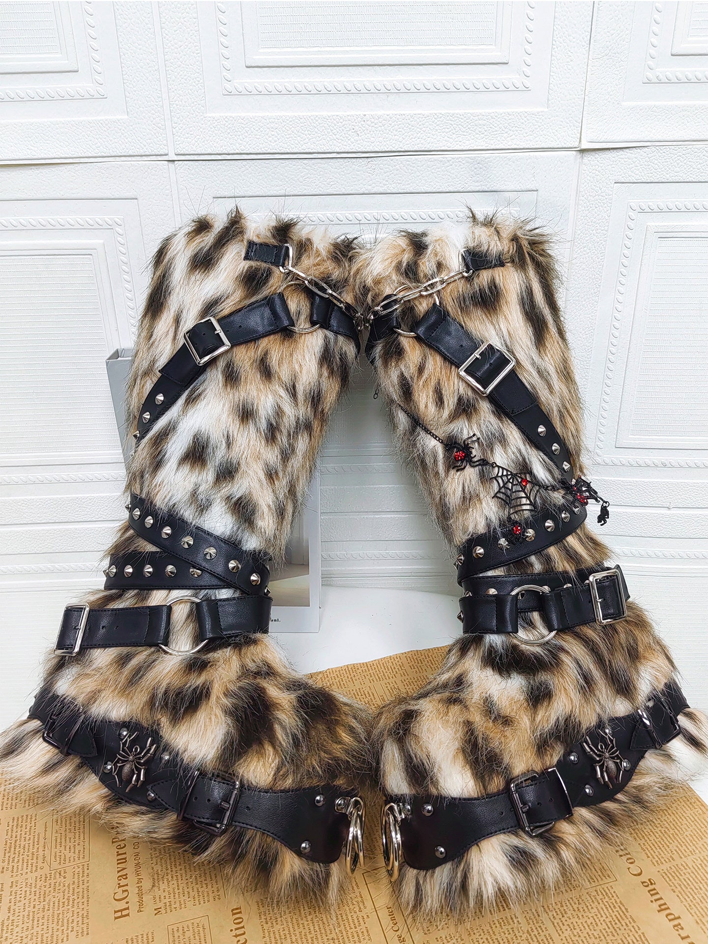 Leopard Fur Rivet Punk Platform Boots