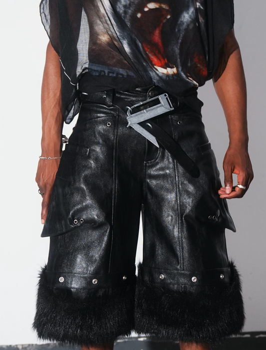 Oil Wax Fur Hem Leather Cropped Pants