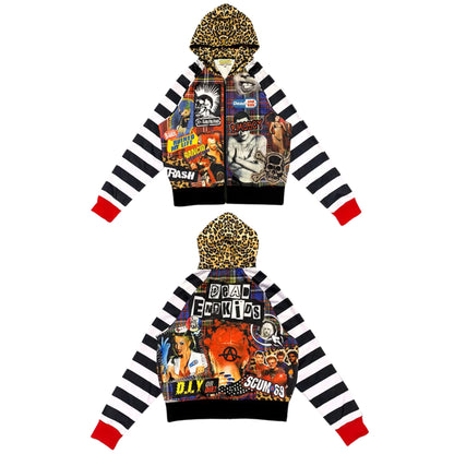 Oversized Check Leopard Hoodie Jacket