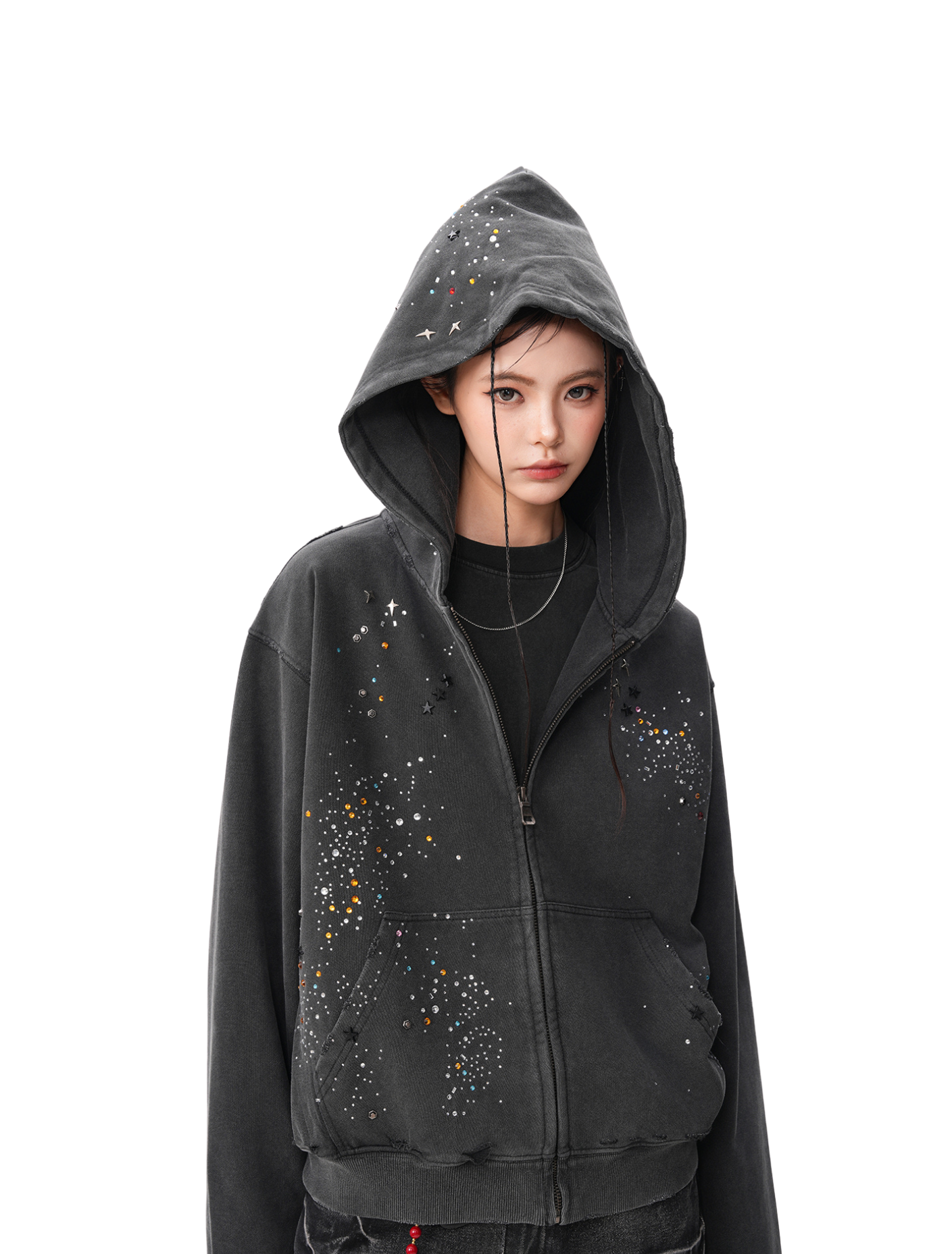 Rhinestone Hooded Zip Parker