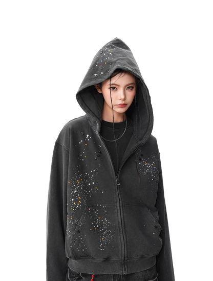 Rhinestone Hooded Zip Parker