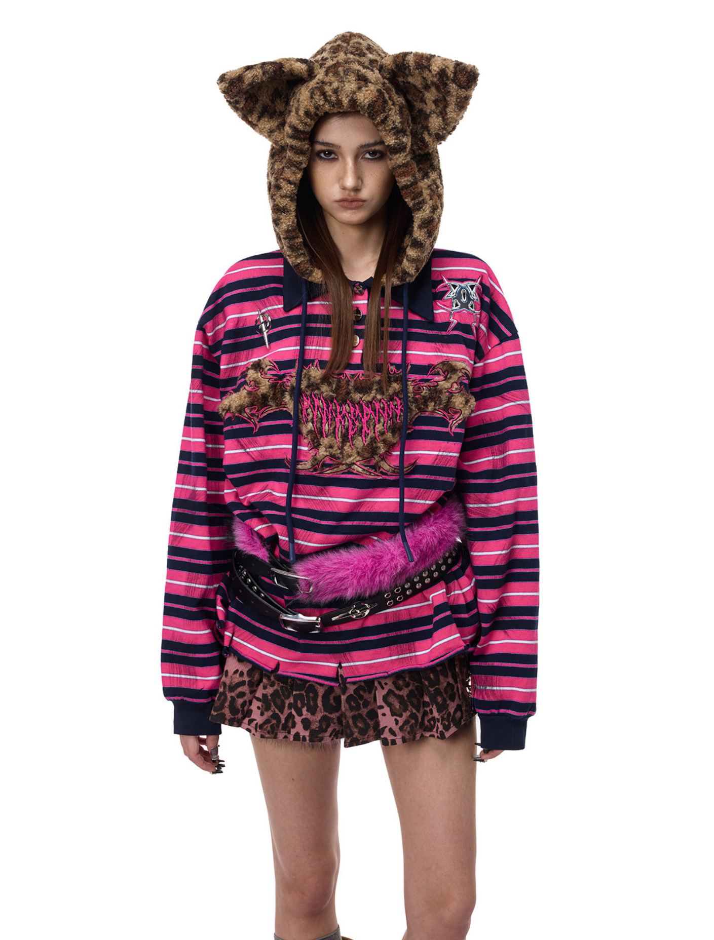 Cat Star Pink Striped Leopard Hooded