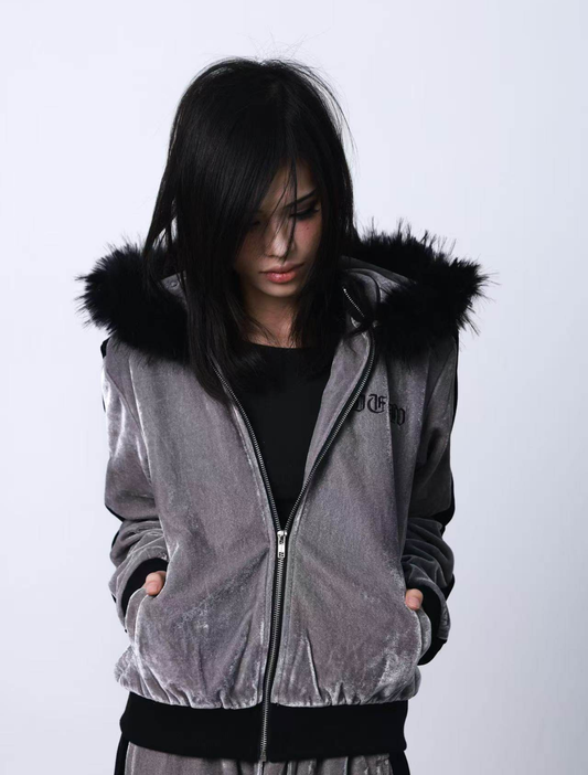 Silver Velvet 2000s Sport Vintage Street Zip Hooded Jacket