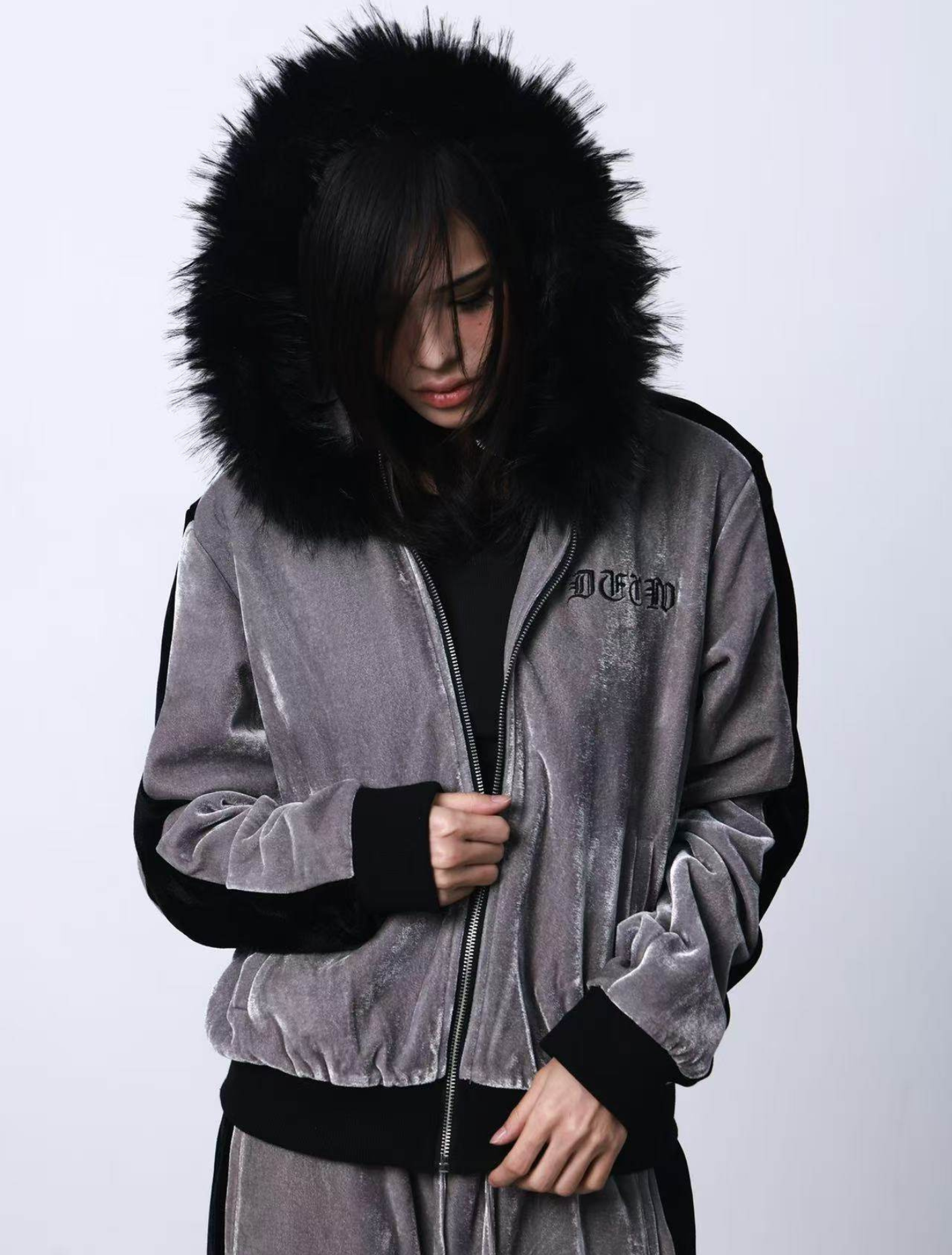 Silver Velvet 2000s Sport Vintage Street Zip Hooded Jacket