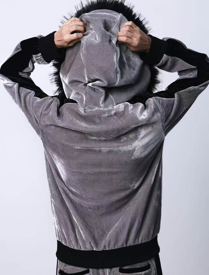 Silver Velvet 2000s Sport Vintage Street Zip Hooded Jacket