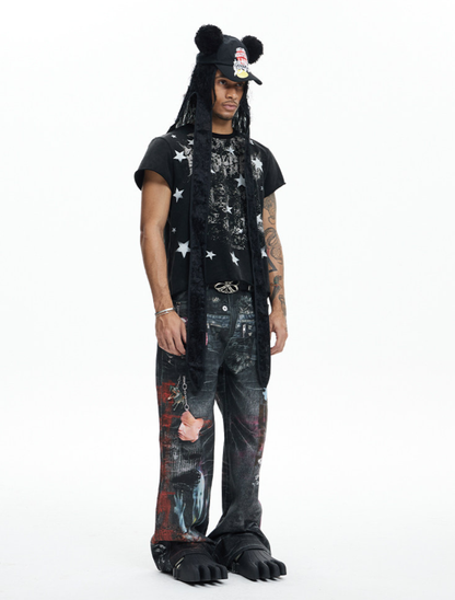 Dark Cartoon Print Double-Waist Jeans