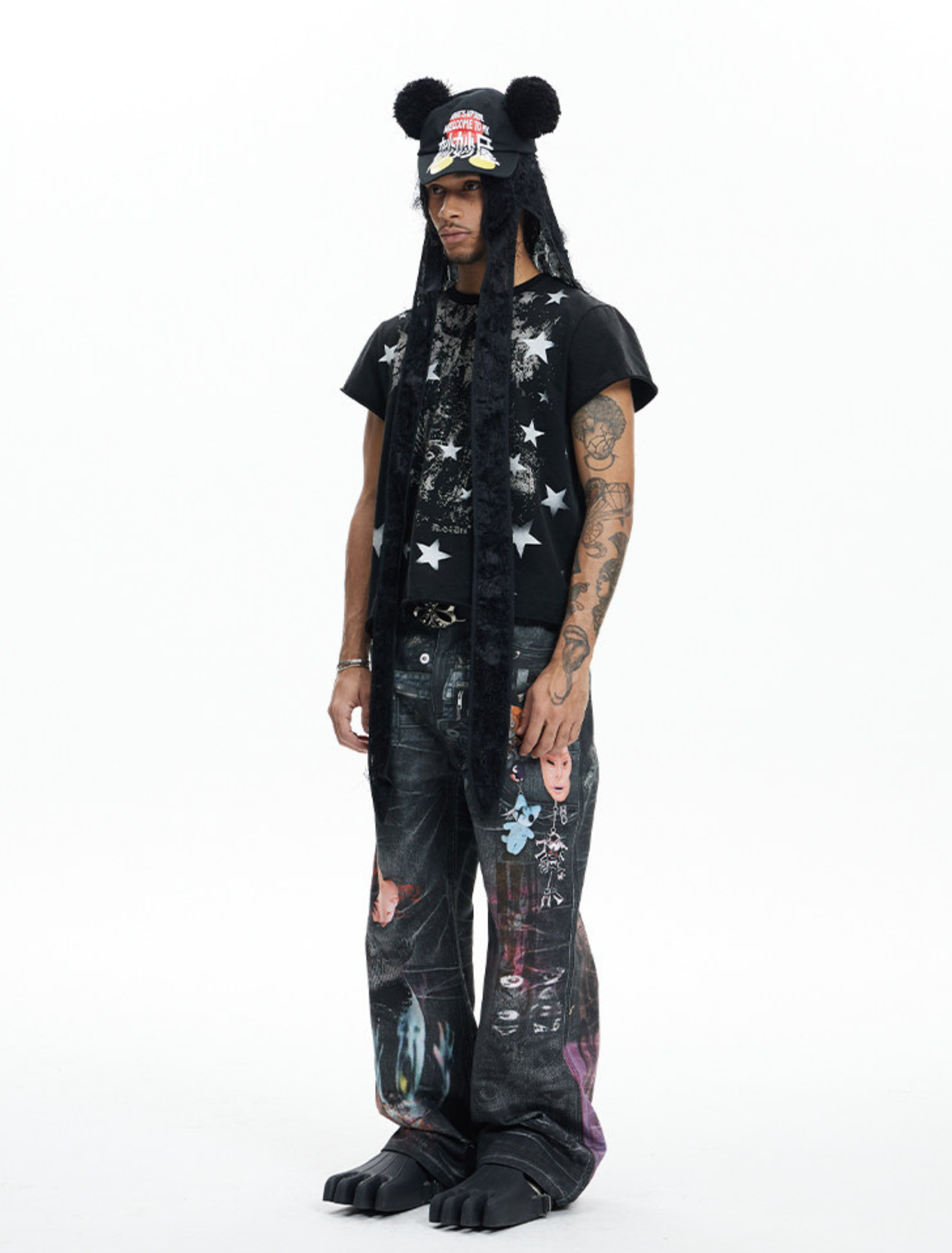 Dark Cartoon Print Double-Waist Jeans