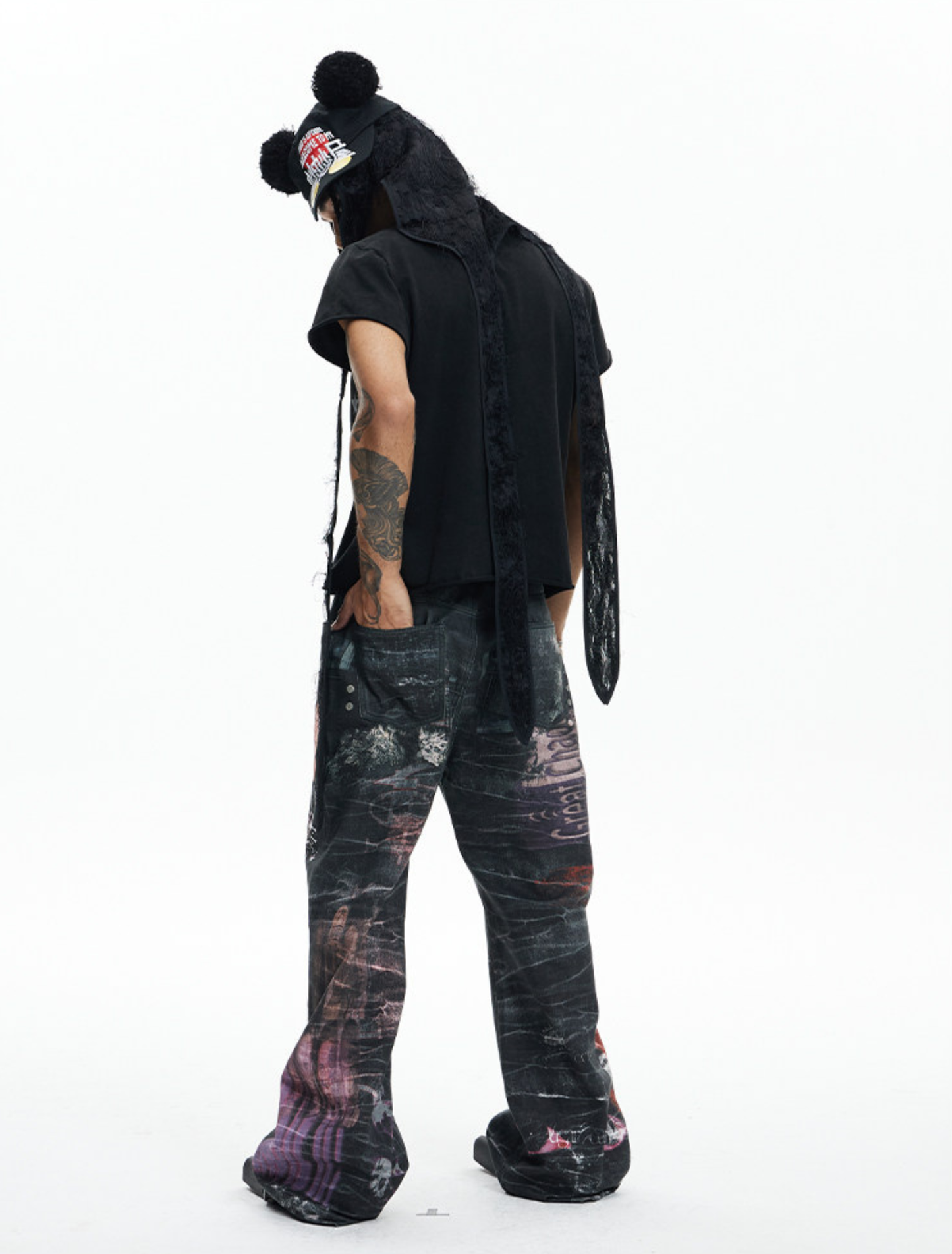 Dark Cartoon Print Double-Waist Jeans