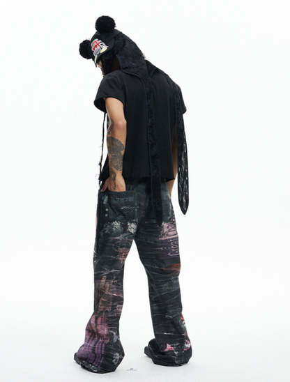 Dark Cartoon Print Double-Waist Jeans