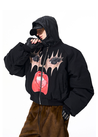 Red lip fun print thickened fleece baseball jersey jacket