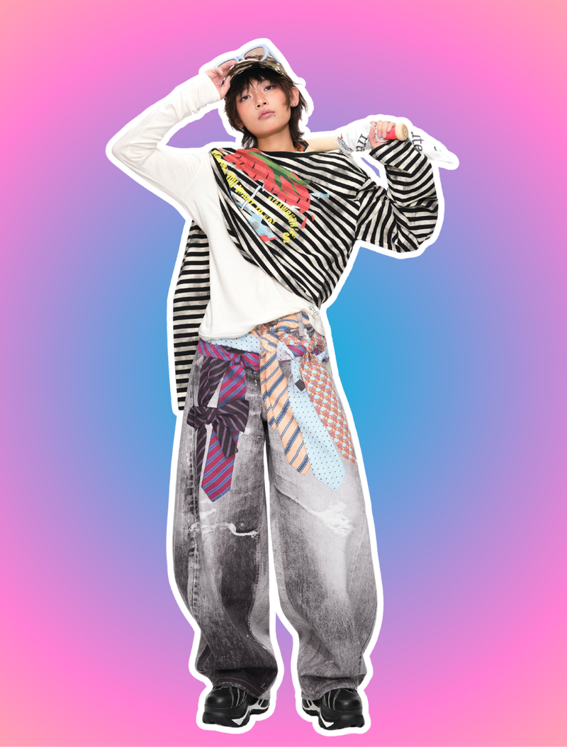 3D Tie Printed Jeans Unisex American Vintage Scimitar Pants