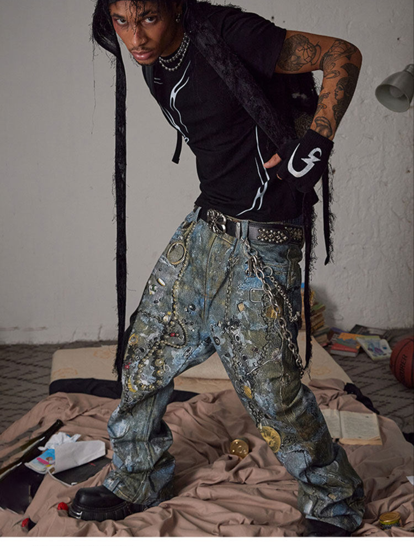 Boro Print Chain-Detail Loose Jeans