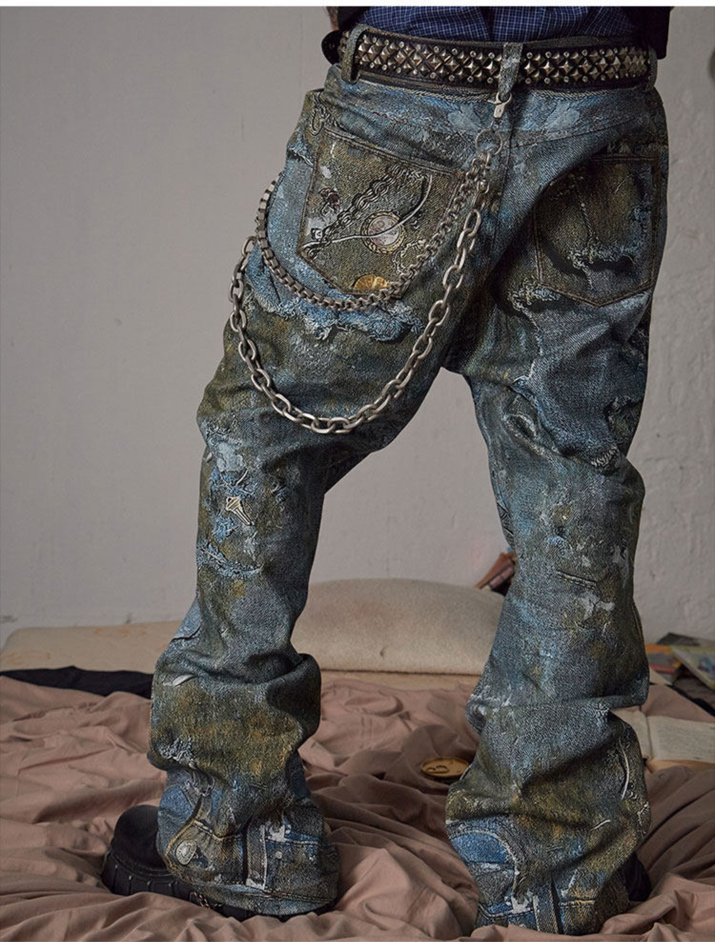 Boro Print Chain-Detail Loose Jeans