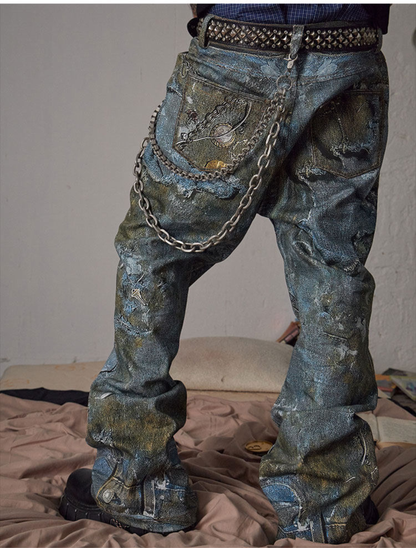 Boro Print Chain-Detail Loose Jeans