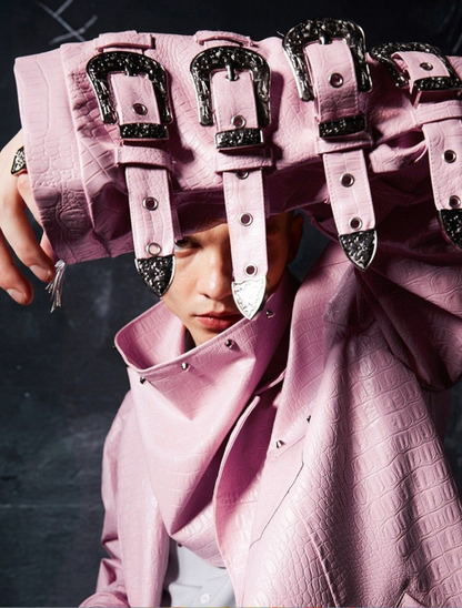 Metal buckle  mid-length leather coat windbreaker jacket