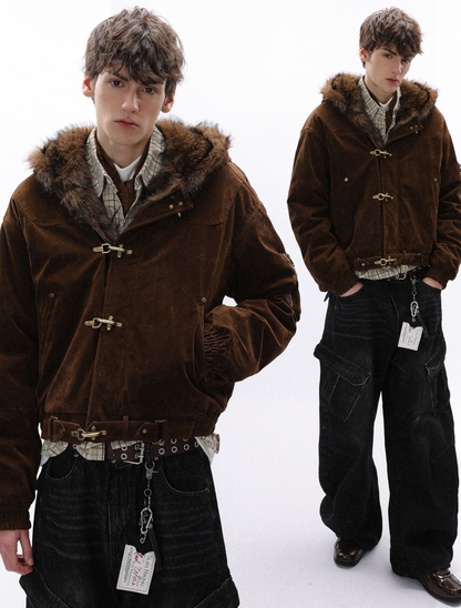 American design sense buckle ooded casual thick jacket