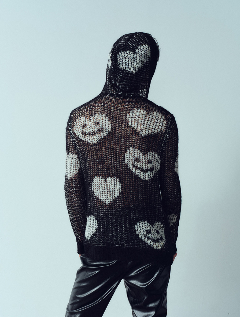 White jacquard original design hooded loose knit sweater