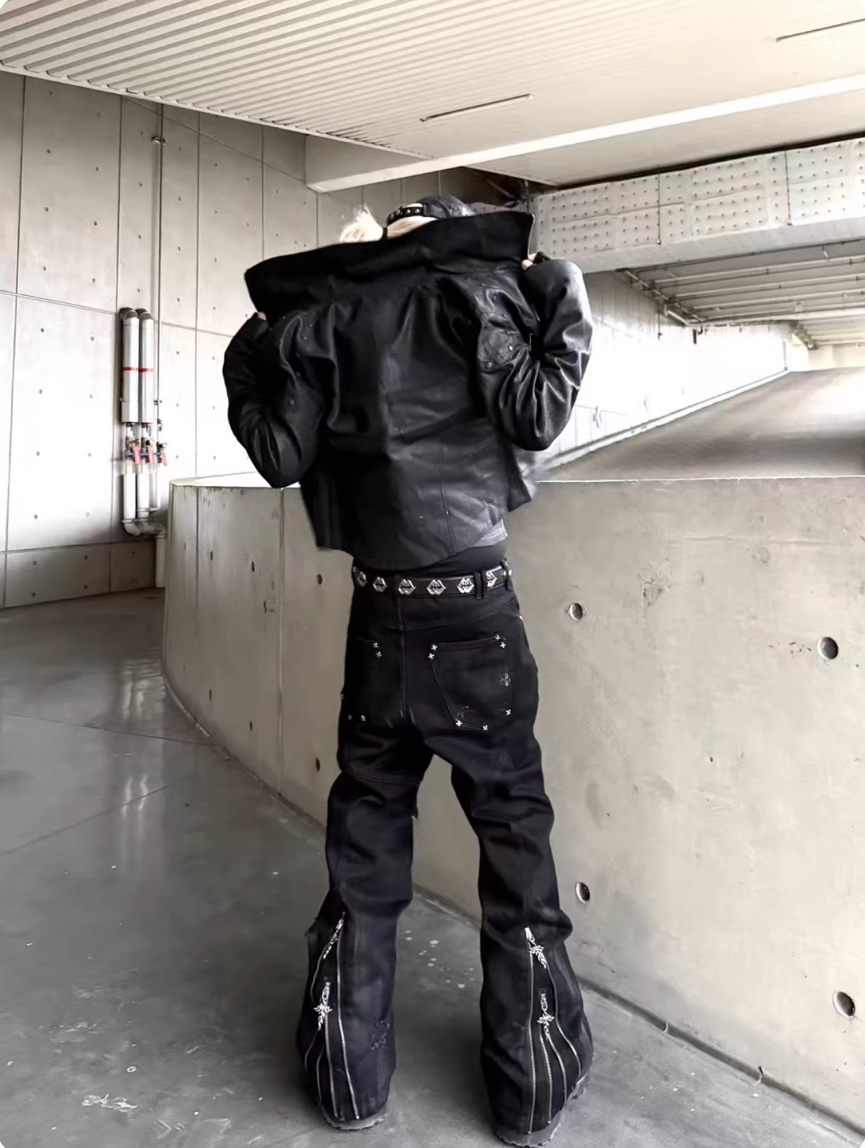 Bump nail brush wax double zipper motorcycle pants