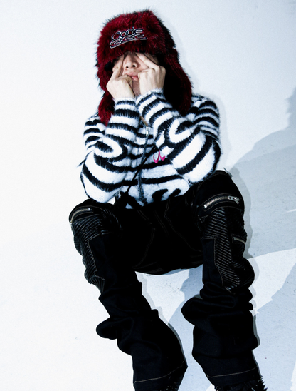 Embroidered zebra pattern fur double-switch zipper hooded