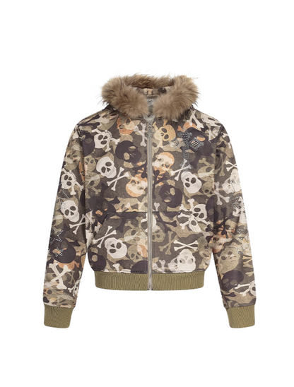 Skull Camo Fur Collar Hoodie Jacket