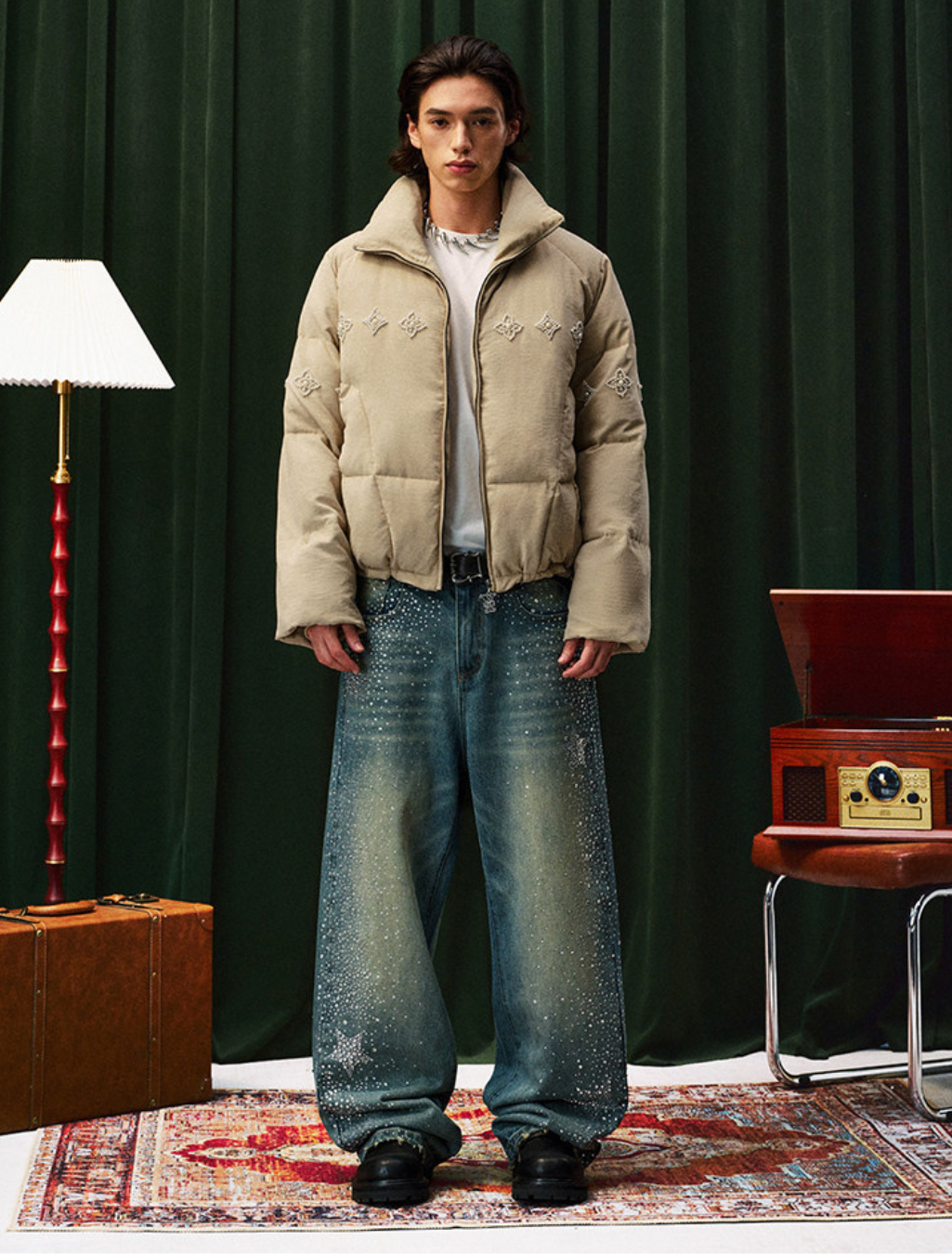 Hot rhinestone American high street wide-leg jeans