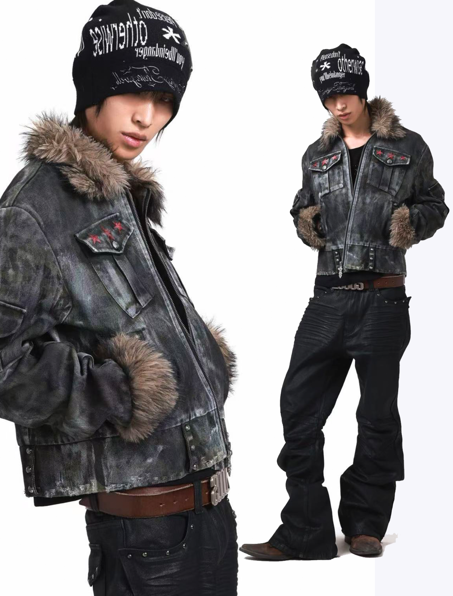 Damage rivet fur collar coat for jacket