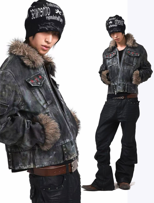 Damage rivet fur collar coat for jacket