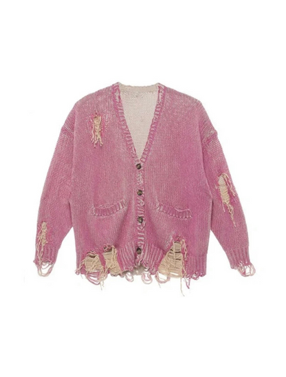 Pink Tie-Dye Distressed Knit Cardigan