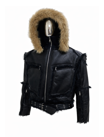 Black Cropped Fur Hooded Jacket