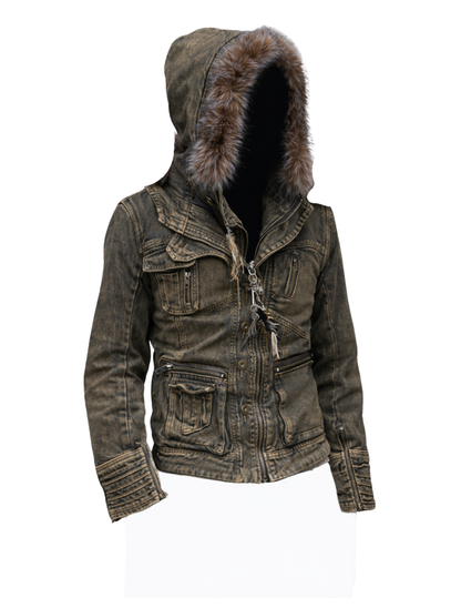Y2K Fur Collar Hooded Denim Jacket