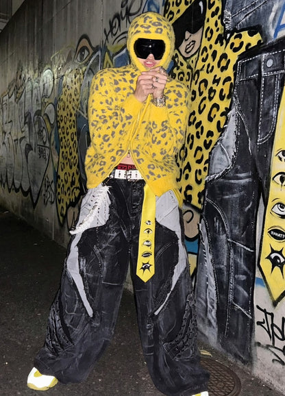 Leopard print jacquard polka dot zipper hooded