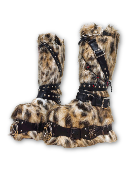 Leopard Fur Rivet Punk Platform Boots
